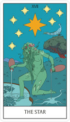 Tarot card titled 'The Star' featuring a green figure with stars and a large orange star above.