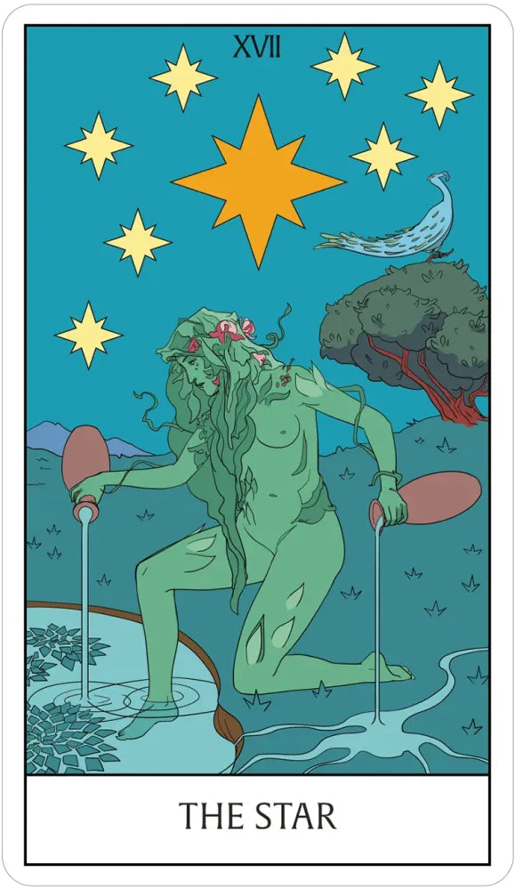 Tarot card titled 'The Star' featuring a green figure with stars and a large orange star above.