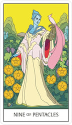 Tarot card titled 'Nine of Pentacles' with a figure in a colorful dress surrounded by pentacle symbols.