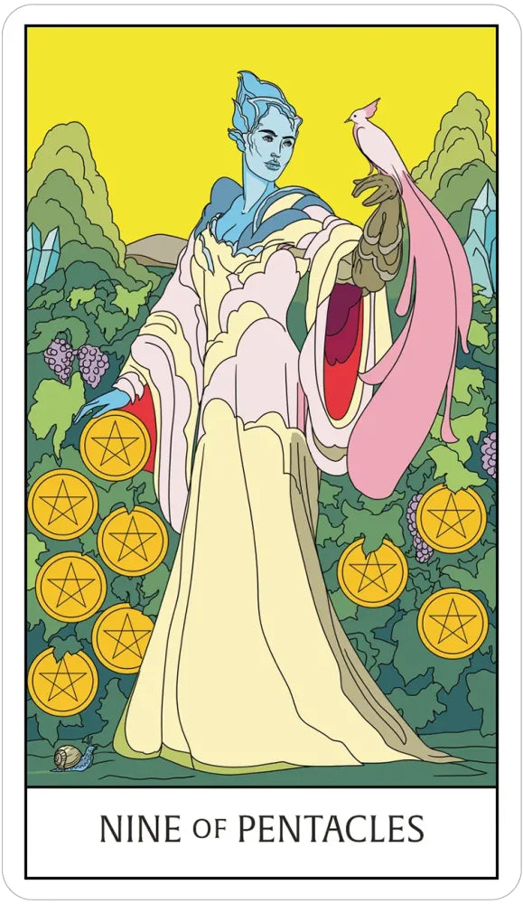 Tarot card titled 'Nine of Pentacles' with a figure in a colorful dress surrounded by pentacle symbols.