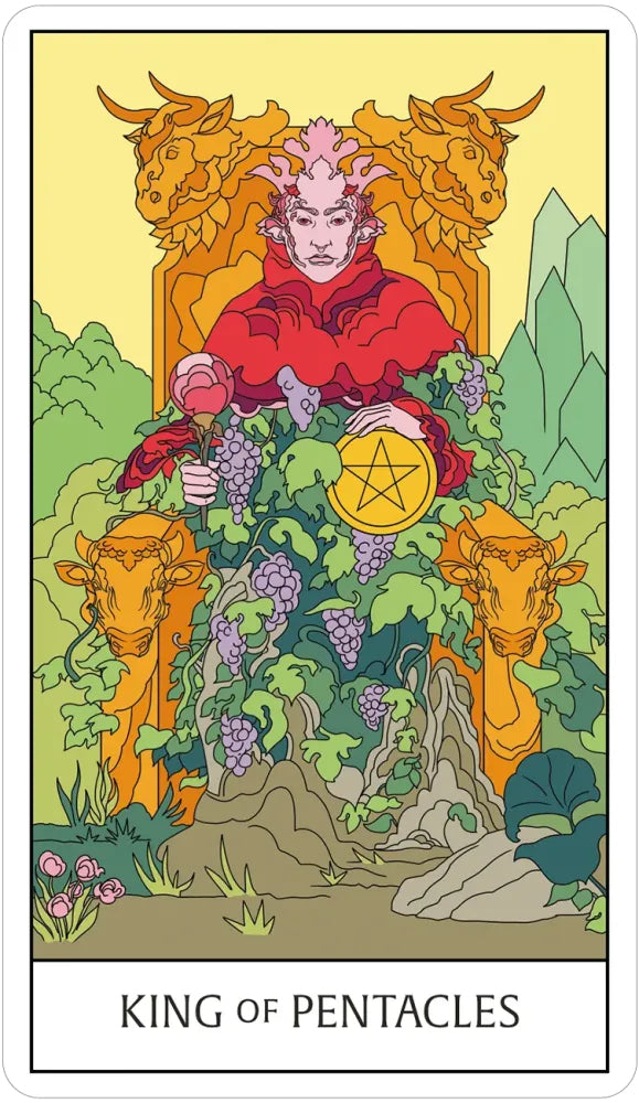 King of Pentacles tarot card with a person in red robes holding a pentacle symbol, surrounded by nature elements.