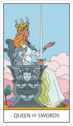 Tarot card featuring 'Queen of Swords' with a woman holding a sword against a colorful background.