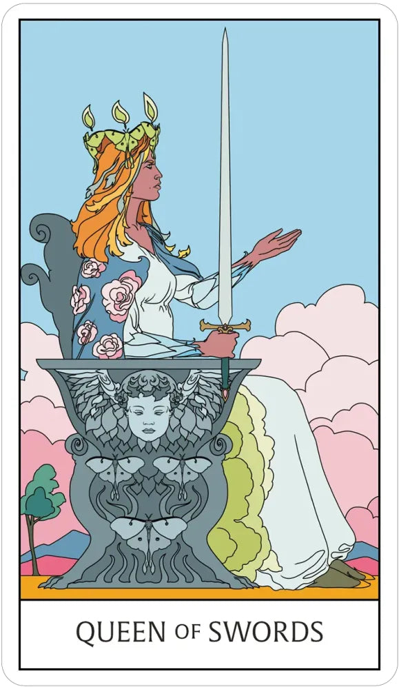 Tarot card featuring 'Queen of Swords' with a woman holding a sword against a colorful background.
