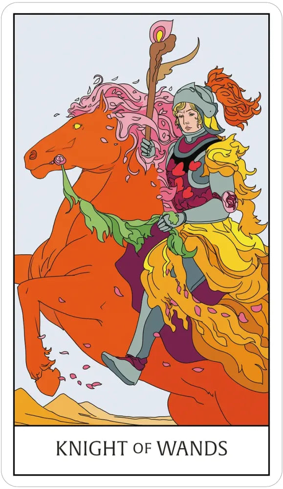 Tarot card featuring a knight on a horse with a wand, labeled 'Knight of Wands'.
