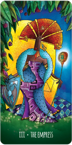 Card featuring 'The Empress' from a tarot deck with colorful design and text.