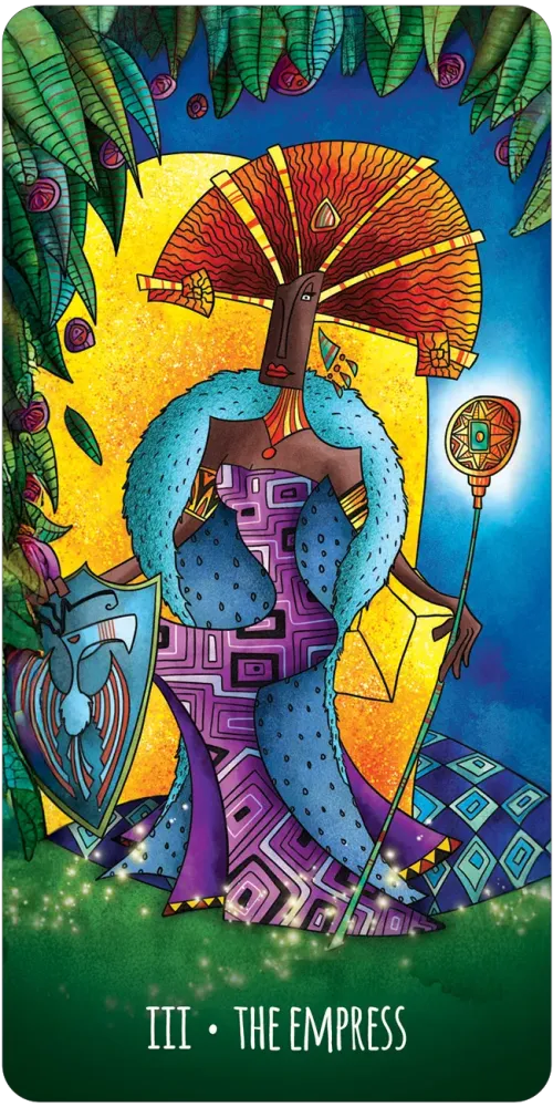 Card featuring 'The Empress' from a tarot deck with colorful design and text.