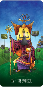 Tarot card titled 'The Emperor' with a colorful figure holding a staff against a blue sky.