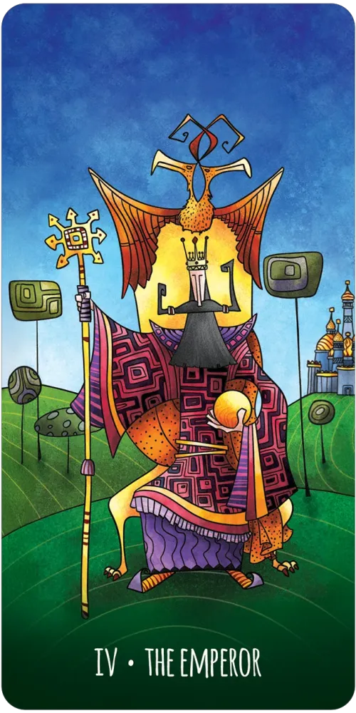 Tarot card titled 'The Emperor' with a colorful figure holding a staff against a blue sky.