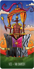 Tarot card titled 'The Chariot' with a colorful design featuring a chariot and figures.