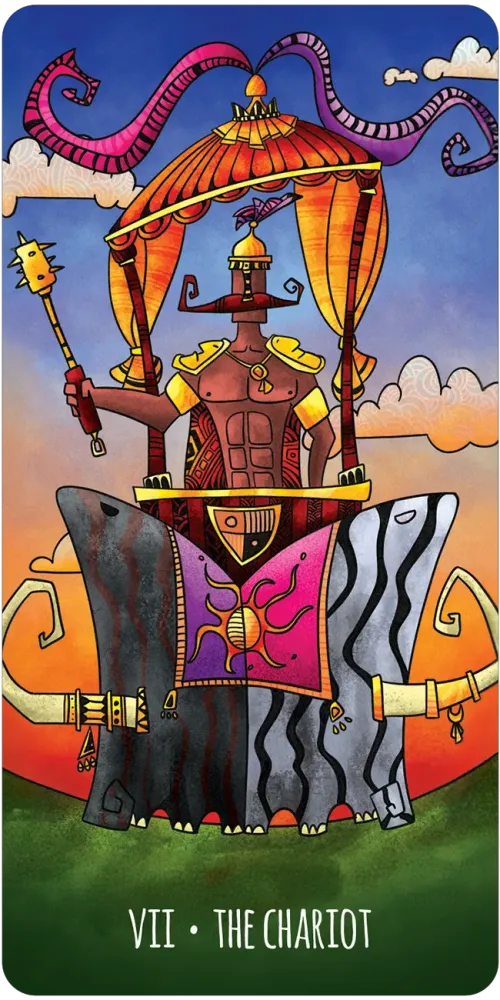 Tarot card titled 'The Chariot' with a colorful design featuring a chariot and figures.