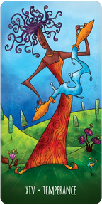 Tarot card titled 'Temperance' with stylized figures and nature elements.