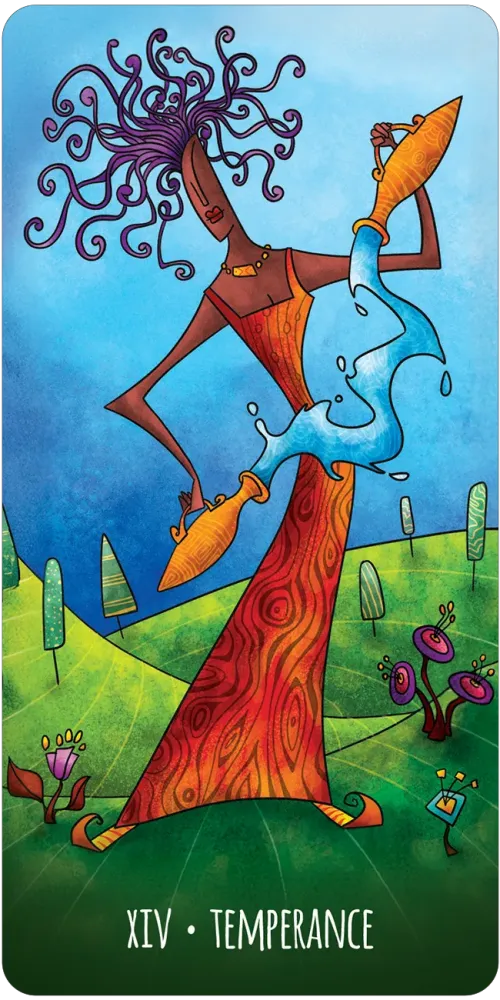 Tarot card titled 'Temperance' with stylized figures and nature elements.