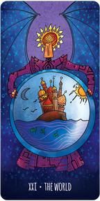 Card titled 'The World' with a castle, sun, moon, and sea on a purple background