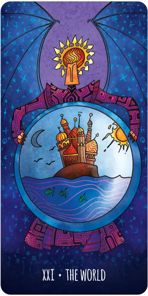 Card titled 'The World' with a castle, sun, moon, and sea on a purple background
