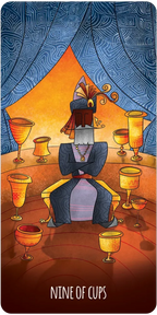 Card from a tarot deck titled 'Nine of Cups' with a person in a robe sitting on a throne surrounded by cups.