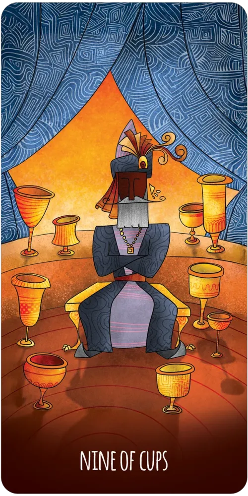 Card from a tarot deck titled 'Nine of Cups' with a person in a robe sitting on a throne surrounded by cups.