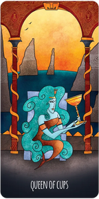 Tarot card featuring the 'Queen of Cups' with a stylized design of a woman holding a cup against a sunset background.