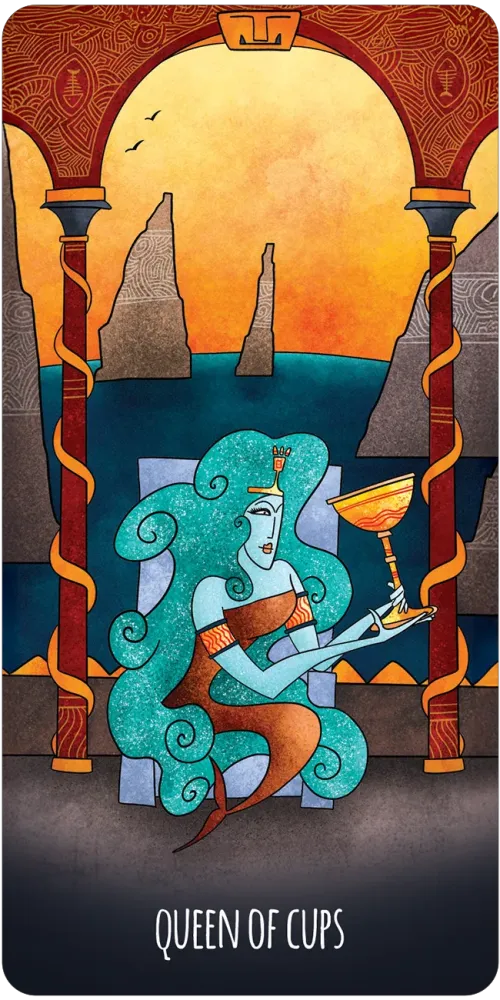 Tarot card featuring the 'Queen of Cups' with a stylized design of a woman holding a cup against a sunset background.