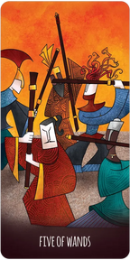 Card from a tarot deck titled 'Five of Wands' with stylized figures and wands against an orange background.