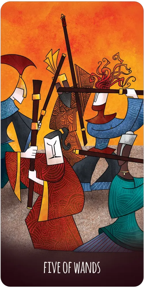 Card from a tarot deck titled 'Five of Wands' with stylized figures and wands against an orange background.