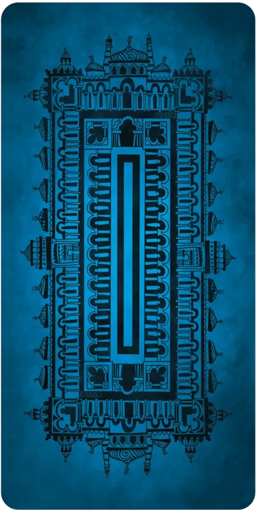 Blue yoga mat with intricate black design on a dark blue background