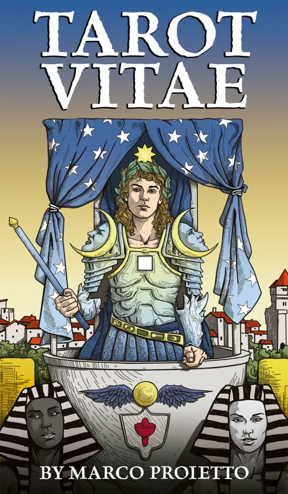 Book cover of 'Tarot Vitae' by Marco Proietto featuring a tarot card design with a central figure and blue curtain.