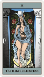 A tarot card titled 'The High Priestess' showing an illustrated seated woman in a blue robe holding a book, with a crescent moon and red floral motifs in the background.