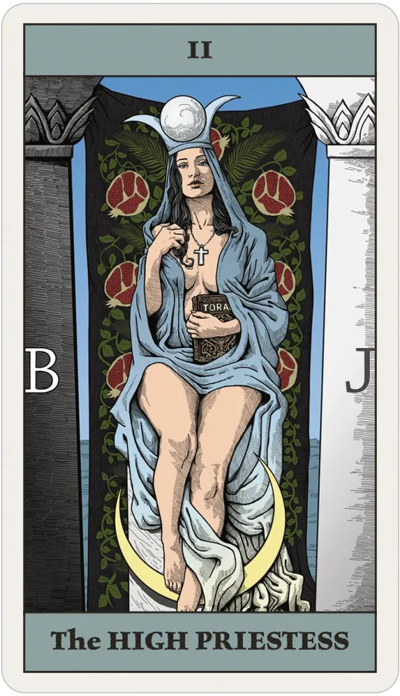 A tarot card titled 'The High Priestess' showing an illustrated seated woman in a blue robe holding a book, with a crescent moon and red floral motifs in the background.
