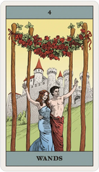 A tarot card titled 'WANDS' with the number 4 at the top. The card shows a couple standing in front of a castle, framed by four wooden poles topped with a rose garland.