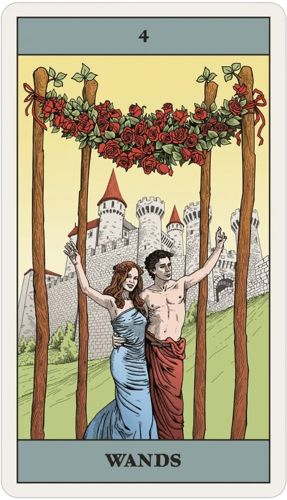 A tarot card titled 'WANDS' with the number 4 at the top. The card shows a couple standing in front of a castle, framed by four wooden poles topped with a rose garland.