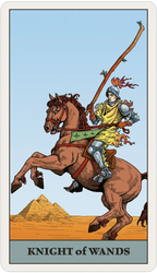 A tarot-style card illustration titled 'KNIGHT of WANDS' showing a knight in armor riding a brown horse across a desert with pyramids under a pale blue sky.