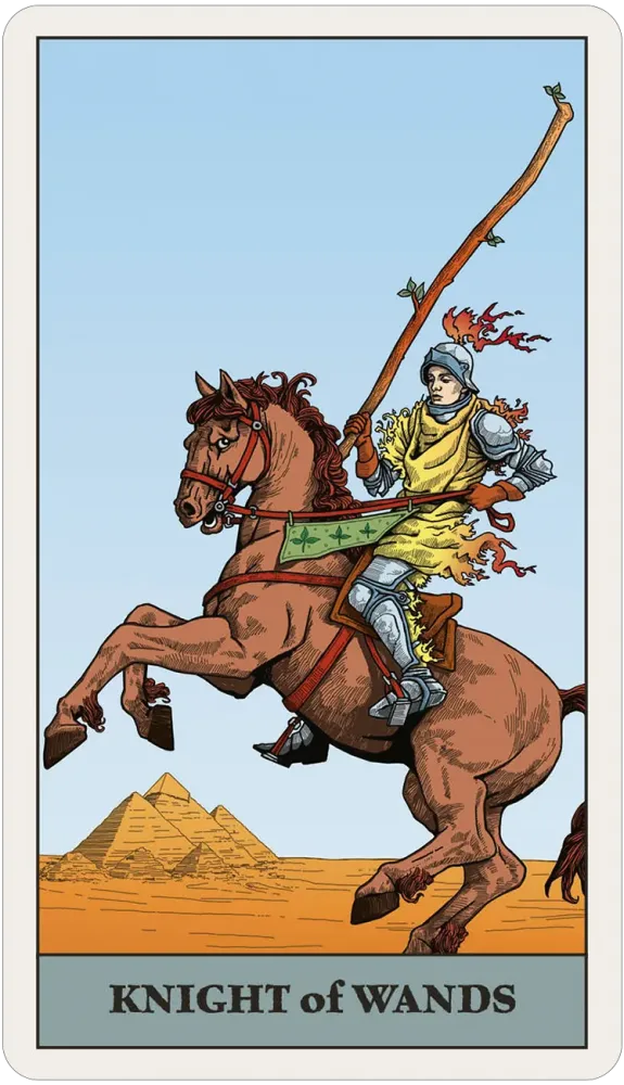 A tarot-style card illustration titled 'KNIGHT of WANDS' showing a knight in armor riding a brown horse across a desert with pyramids under a pale blue sky.
