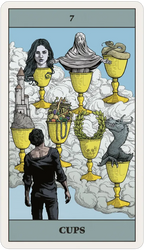 A tarot-style card titled 'CUPS' with the number 7 at the top. The illustration shows several yellow goblets floating in white clouds, one with a woman's face, one with a ghost, one with a snake, one with a castle, one with a wreath, and one with a dark creature.