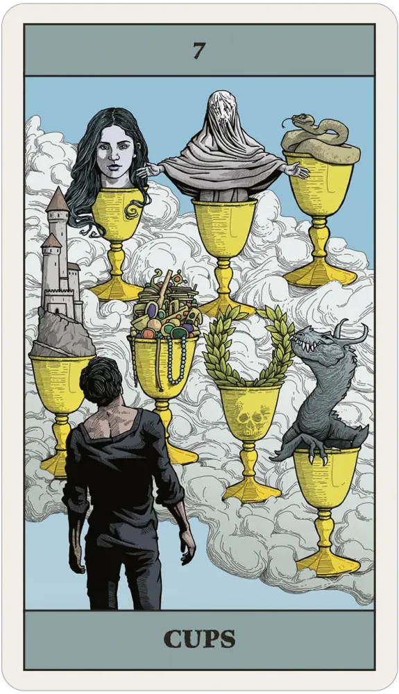 A tarot-style card titled 'CUPS' with the number 7 at the top. The illustration shows several yellow goblets floating in white clouds, one with a woman's face, one with a ghost, one with a snake, one with a castle, one with a wreath, and one with a dark creature.