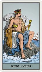 King of Cups tarot card illustration showing a seated male figure on a rock in the sea, holding a yellow cup and a golden staff, with a ship in the background and the text 'KING of CUPS' at the bottom.