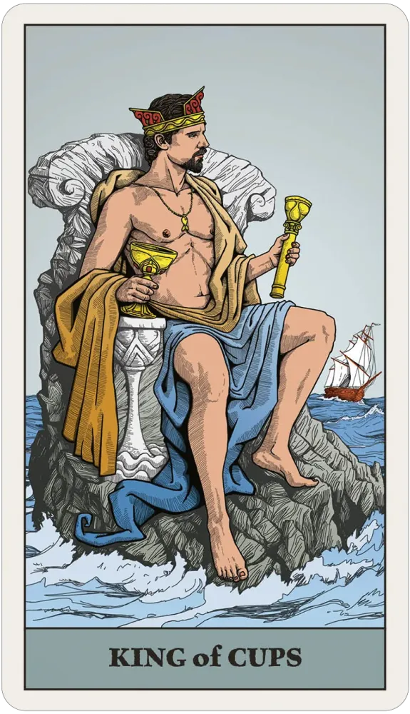 King of Cups tarot card illustration showing a seated male figure on a rock in the sea, holding a yellow cup and a golden staff, with a ship in the background and the text 'KING of CUPS' at the bottom.