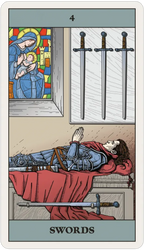 A tarot card titled 'SWORDS' with the number 4 at the top. The illustrated scene shows a robed figure lying on a bed with a sword across the foot, three swords hanging in a window, and a stained-glass window with a mother and child.