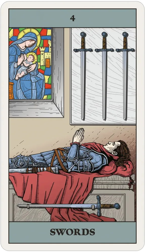 A tarot card titled 'SWORDS' with the number 4 at the top. The illustrated scene shows a robed figure lying on a bed with a sword across the foot, three swords hanging in a window, and a stained-glass window with a mother and child.