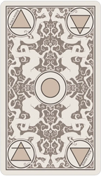 A square card or print with an ornate symmetrical beige and off-white pattern, featuring four circular corner symbols with triangles and the words 'SOLSTICE' near the lower corners.