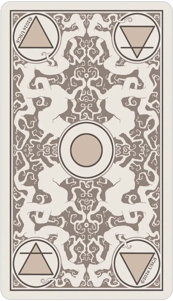 A square card or print with an ornate symmetrical beige and off-white pattern, featuring four circular corner symbols with triangles and the words 'SOLSTICE' near the lower corners.