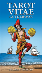 Front cover of the book 'Tarot Vitae Guidebook' by Marco Proietto, featuring an illustrated tarot card figure holding two gold pentagrams against a blue sky and ocean background with ships.