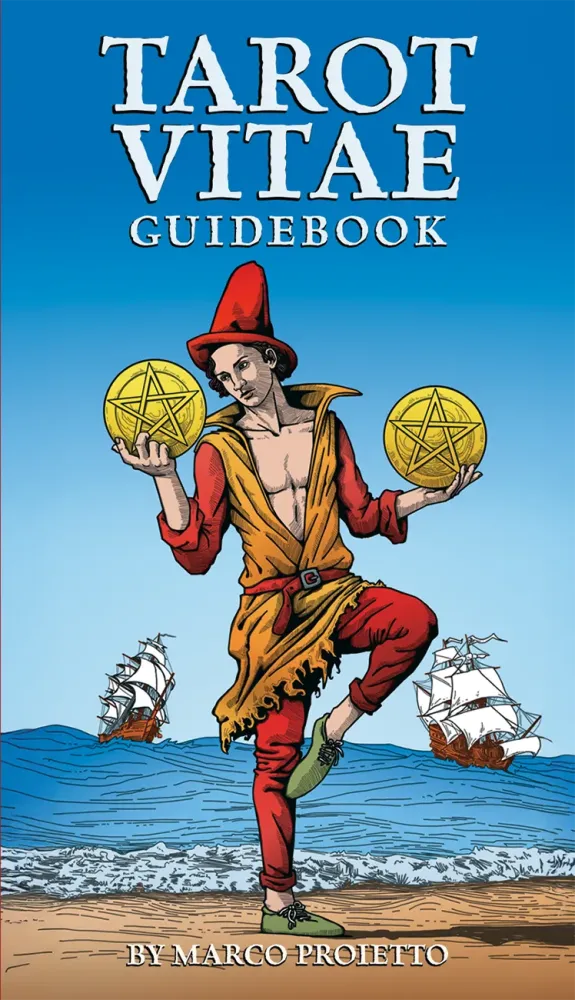 Front cover of the book 'Tarot Vitae Guidebook' by Marco Proietto, featuring an illustrated tarot card figure holding two gold pentagrams against a blue sky and ocean background with ships.