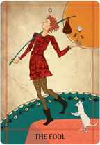 A tarot card titled 'THE FOOL' showing an illustrated figure in a red patterned dress and brown leggings balancing a long staff while stepping forward, with a white dog at the lower right and a large orange sun in the upper right. The card has a textured beige background with red border lines and the number zero at the top.