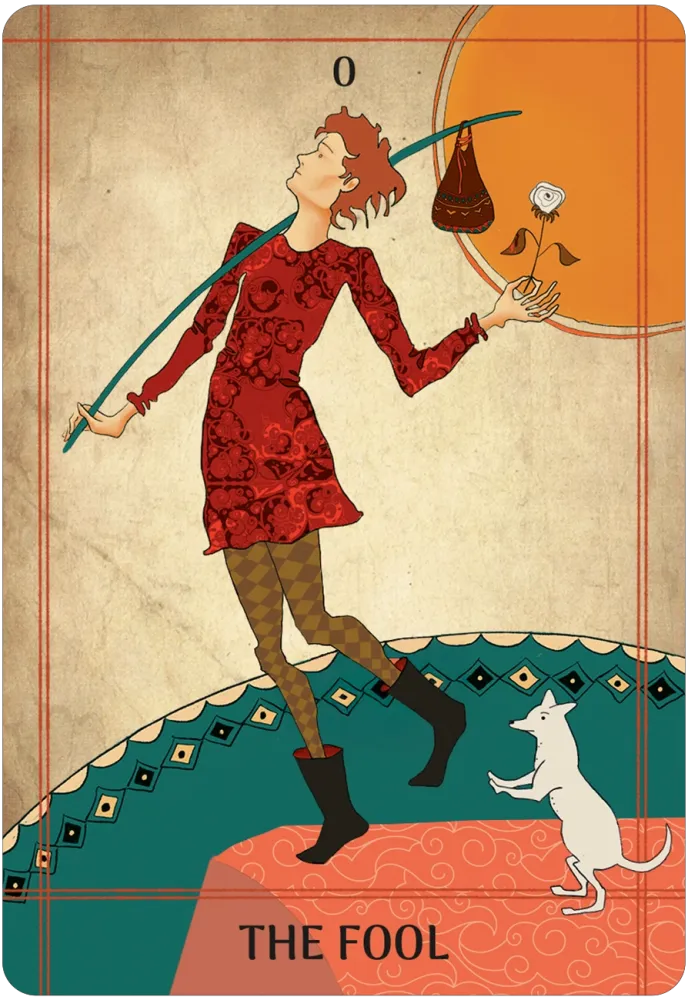 A tarot card titled 'THE FOOL' showing an illustrated figure in a red patterned dress and brown leggings balancing a long staff while stepping forward, with a white dog at the lower right and a large orange sun in the upper right. The card has a textured beige background with red border lines and the number zero at the top.