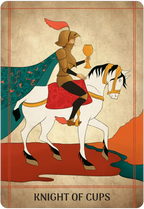 A stylized tarot card illustration labeled 'KNIGHT OF CUPS' shows a knight in armor riding a white horse while holding a goblet. The card has a parchment-like beige background with red, teal, black, and orange illustration elements.