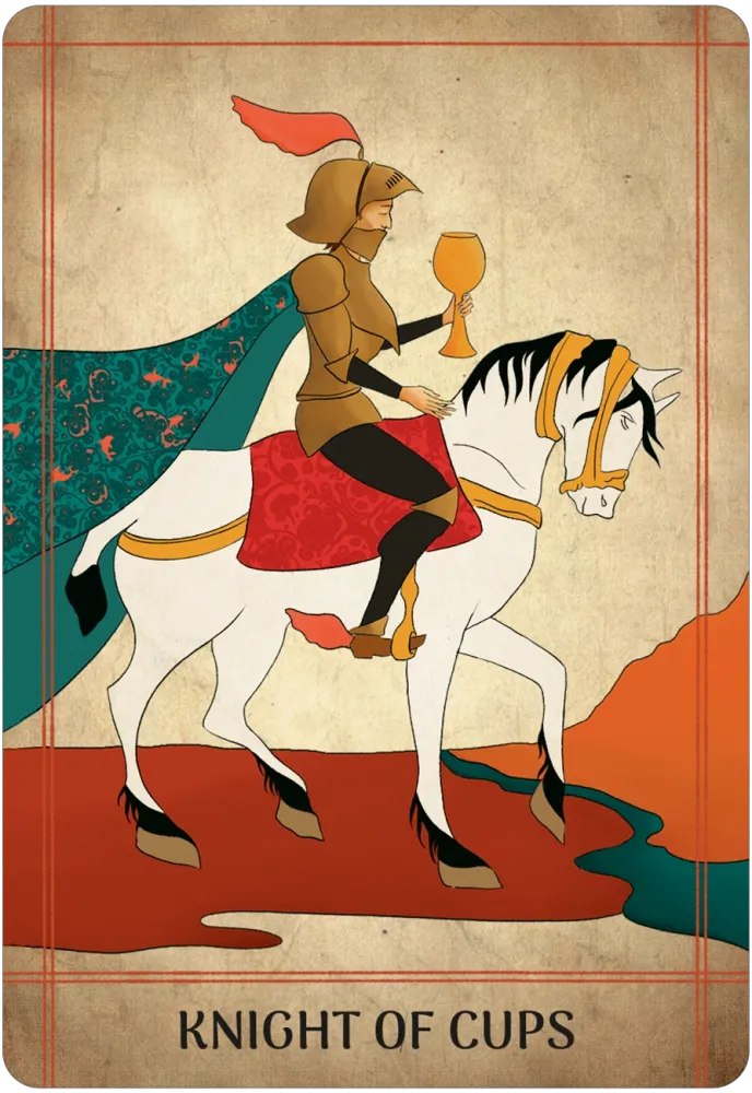 A stylized tarot card illustration labeled 'KNIGHT OF CUPS' shows a knight in armor riding a white horse while holding a goblet. The card has a parchment-like beige background with red, teal, black, and orange illustration elements.
