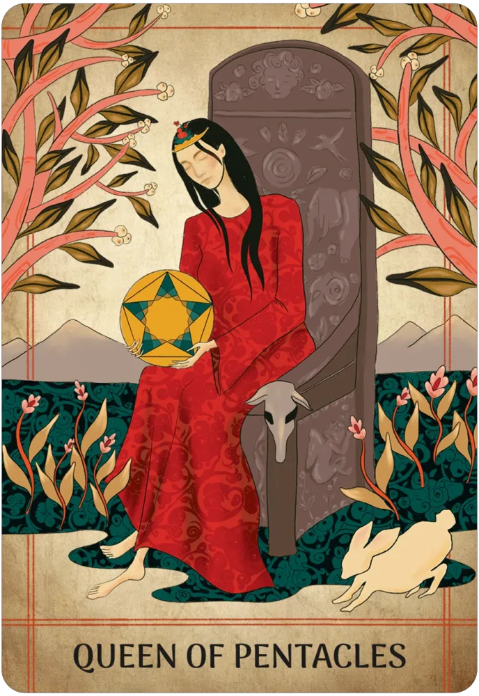 Tarot card illustration titled 'Queen of Pentacles' showing a seated woman in a red robe holding a pentacle ball, with a large stone monument behind her, decorative foliage, mountains, and a small rabbit at the bottom.