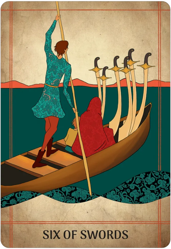 A tarot-style card illustration labeled 'SIX OF SWORDS' shows a gondolier in a boat with a rider. The scene uses a parchment-like beige background, teal water, a brown boat, and a red cloak.