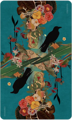 A square art print or card featuring a stylized symmetrical illustration of a woman in profile surrounded by flowers, birds, leaves, and decorative elements on a teal background.