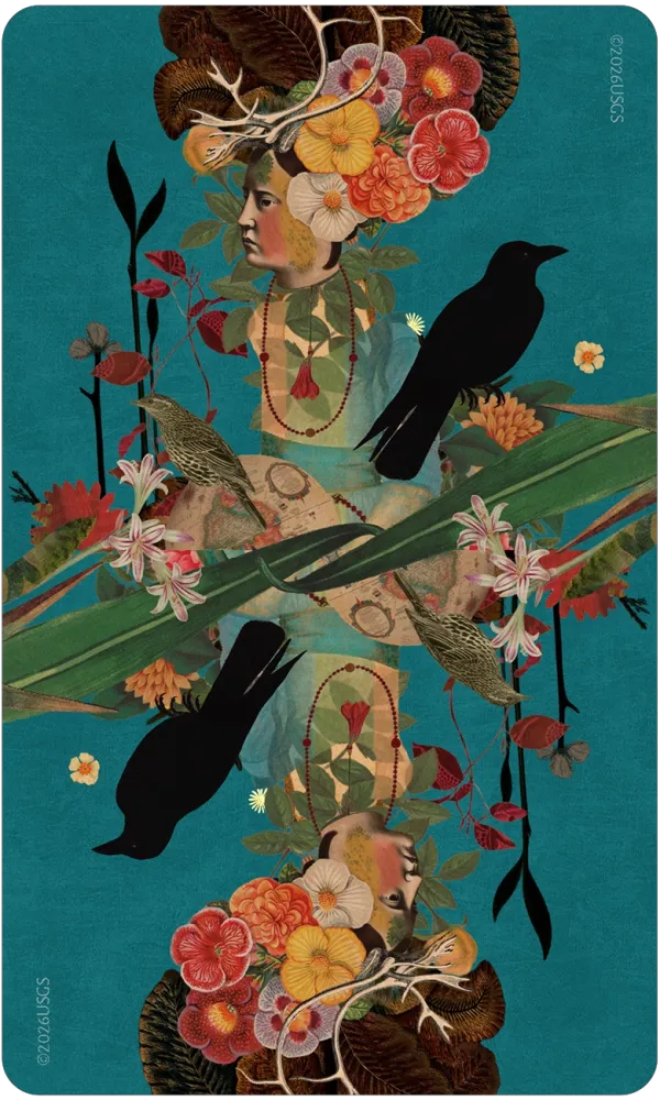 A square art print or card featuring a stylized symmetrical illustration of a woman in profile surrounded by flowers, birds, leaves, and decorative elements on a teal background.